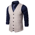 Gilet da uomo beige a scacchi con cinque bottoni e camicia blu scuro per abbigliamento formale - Taglia S / Cammello
