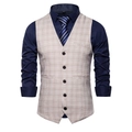 Chaleco de traje beige a cuadros para hombre con camisa azul oscuro y corbata de rayas formal - S / Rejilla Camel