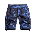 Detail view of blue camouflage cargo shorts with large flap pockets and drawstring hem - EU 29 / Blue Camouflage