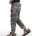 Detail view of mens grey camo cargo pants with large flap pockets and reinforced stitching - EU 29 / Gray Camouflage