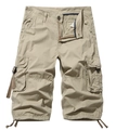 Detail view of khaki cargo shorts with utility flap pockets and metal button closure - Khaki
