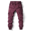 Burgundy men's cargo joggers featuring elastic drawstring waist and multi-pocket design - EU 34 / Burgundy