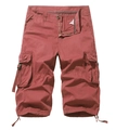 Detail view of brick red cargo shorts featuring utility flap pockets and drawstring hem - Coral
