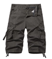 Detail view of charcoal cargo shorts showing flap pockets, button closure and drawstring cuffs - Dark Gray