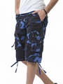Men's loose camouflage cargo shorts with large multi-pockets and functional blue drawstrings - EU 29 / Blue Camouflage