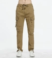Vue détaillée du pantalon cargo kaki avec taille élastique à cordon et poches à rabat - EU 29 / Khaki Foncé