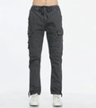 Detail of slim-fit cargo pants featuring elastic drawstring waist and side flap pockets - EU 29 / Dark Gray