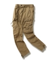 Detail view of khaki cargo pants featuring elastic drawstring waist and side flap pockets - EU 29 / Dark Camel