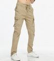 Detail view of khaki cargo pants featuring elastic drawstring waist and multi-pocket design - EU 29 / Khaki