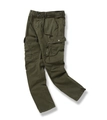 Detail of army green cargo pants featuring elastic waist, drawstring, and metal zippers - EU 29 / Army Green