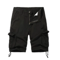 Detailansicht der schwarzen Cargo-Shorts mit Pattentaschen und verstellbarem Kordelzug am Saum - Schwarz