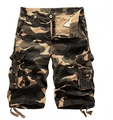 Detailed view of camouflage cargo shorts featuring multi-pockets and drawstring cuffs - EU 30 / Khaki Camouflage