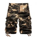 Men's loose cargo camo shorts with multi-pocket design and drawstring hem on white background - EU 30 / Khaki