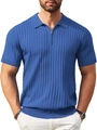 Detail of royal blue knit polo shirt featuring vertical rib texture and zipper neckline - Royal Blue