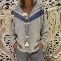 Cárdigan gris con capucha para mujer con rayas en V azul marino y ajuste relajado - S / Gris