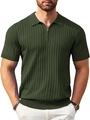 Detail of dark green knit polo shirt featuring a quarter-zip and ribbed texture fabric - Army Green