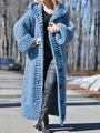 Detail view of heavy knit texture and buttons on a hooded blue cardigan sweater coat - S / Blue