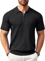 Detail of black men's ribbed knit polo shirt with stylish metal zipper neckline - Black