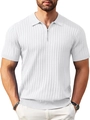 Detail of white slim fit polo shirt featuring a silver metal zipper and vertical ribbed texture - White