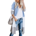 Women's color block striped knit cardigan with long sleeves in blue, white and grey - S / Blue