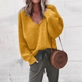 Women's V-neck long sleeve knit sweater in ginger yellow color with casual drop shoulder - S / Yellow