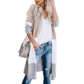 Damen Strickjacke mit Farblock-Streifen, Langarm und offener Vorderseite für den Herbst - S / Khaki