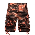 Men's loose cargo shorts with orange and black camouflage pattern and side flap pockets - Brick Red