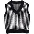 Gilet da donna in maglia con scollo a V e motivo pied-de-poule bianco e nero - S / Nero