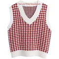 Gilet in maglia da donna con scollo a V e motivo pied de poule bianco e rosso - S / Rosso