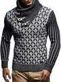Detail of men's turtleneck knit sweater featuring wooden toggle buttons and honeycomb texture - S / Black + White