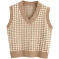 Gilet classico in maglia con scollo a V e motivo pied de poule in kaki e beige - S / Cachi