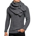 Men's slim fit dark grey cable knit sweater with detachable cowl neck and leather buckle - Dark Gray