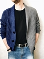 Close-up of contrast knit cardigan showing blue and grey texture and black buttons - S / Dark Blue