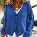 Women's V-neck long sleeve knit cardigan in cobalt blue with three large matching buttons - S / Blue