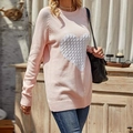 Pink long sleeve crewneck sweater with cable knit white heart pattern and ribbed cuffs - S / Pink
