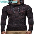Slim fit men's thick cable knit hooded sweater in wine red with button collar detail - S / Burgundy