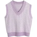 Gilet in maglia da donna con scollo a V e motivo pied de poule viola e bianco - S / Viola
