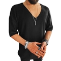 Men's casual black V-neck knitted t-shirt with short sleeves and ribbed texture - S / Black