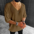 Men's brown V-neck short sleeve knit shirt in a stylish casual drop shoulder fit - S / Brown