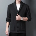 Men's dark grey shawl collar knit cardigan with buttons and pockets in a ribbed design - Dark Gray