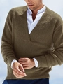 Detailed knit texture of olive green V-neck men's sweater with ribbed sleeve cuffs - S / Brown