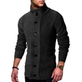 Men's dark grey ribbed knit cardigan with high collar and large button closure - S / Black