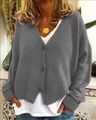 Women's casual grey V-neck knit cardigan sweater with buttons and drop shoulder - S / Gray