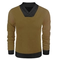 V-Ausschnitt-Detail mit schwarz-grau gestreiftem Strickbesatz am Herrenpullover - S / Khaki