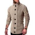 Men's turtle neck thick knit cardigan sweater in beige with button front closure - S / Khaki