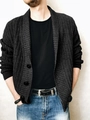 Close-up of mens thick knit cardigan with shawl collar and large black buttons - Dark Gray