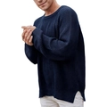 Men's navy blue crewneck rib-knit sweater with loose fit and side slit details - M / Dark Blue
