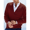 Detailed close-up of terracotta knit sweater featuring deep V-neck and waffle texture fabric - S / Caramel color