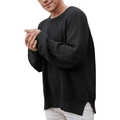 Men's solid black crewneck knit sweater with ribbed texture and side slit hem - M / Black