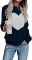 Navy blue women's crew neck sweater featuring a white cable knit heart patch on front - Black with White Heart